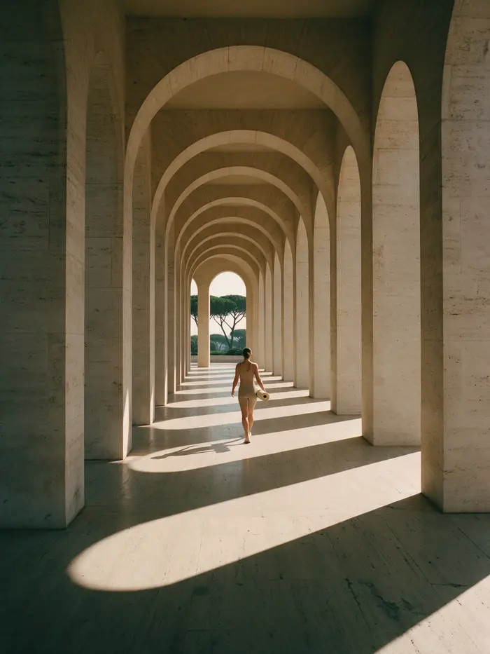 Un porticato di archi in travertino all'EUR, luce e ombra che si ripetono